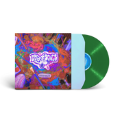 Product mockup of Dog Songs' "Chrysalis" vinyl record, showing the colorful psychedelic album cover with a cartoon dog logo partially slid out of its sleeve revealing the green vinyl disc, on a transparent background
