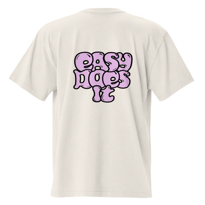 White t-shirt with pink 'Easy Does It' text on a white background